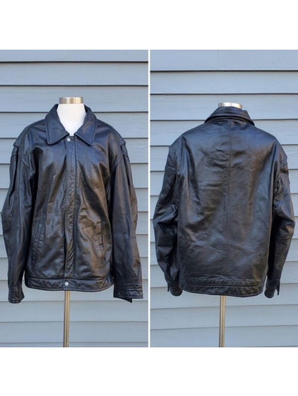 Vintage 90s y2k Pepsi Points Black Leather Bomber Jacket Car Moto Grunge Coat XL